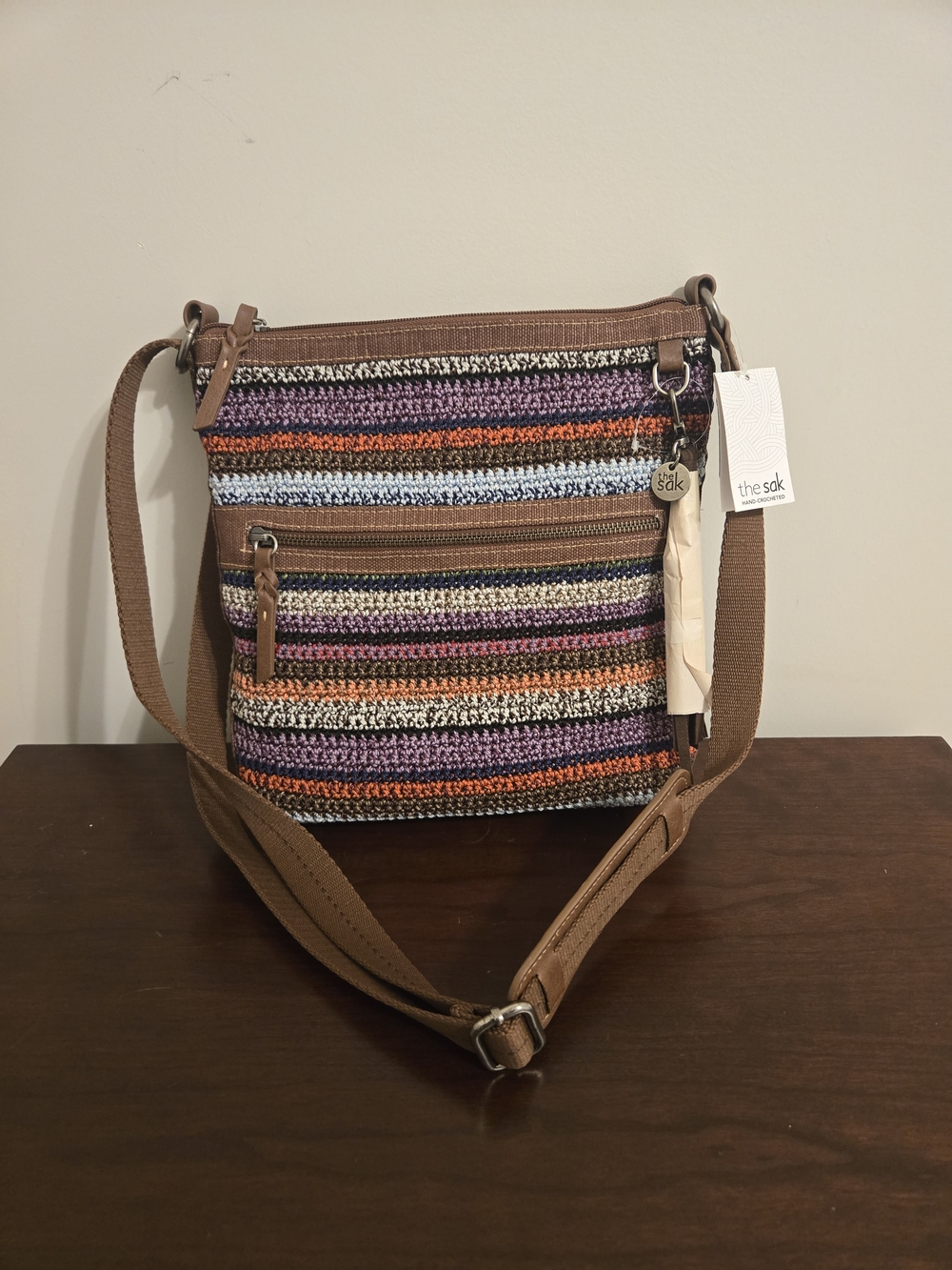 The Sak Lucia Brown Striped Crochet Crossbody Bag